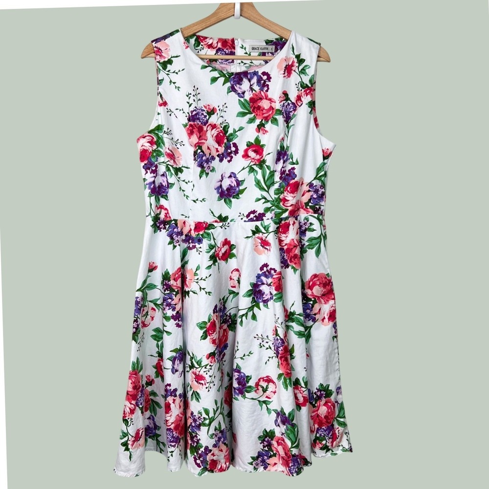 Grace Karin Womens 2XL Floral Fit and Flare Sleeveless Summer Dress White Pink